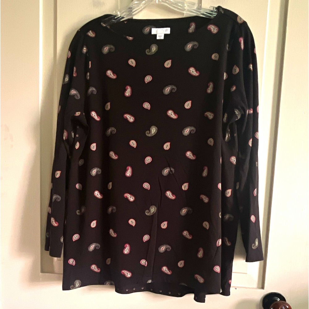 J. Jill Paisley Shift Dress Black Boat Neck Long Sleeve Short Womens Size M
